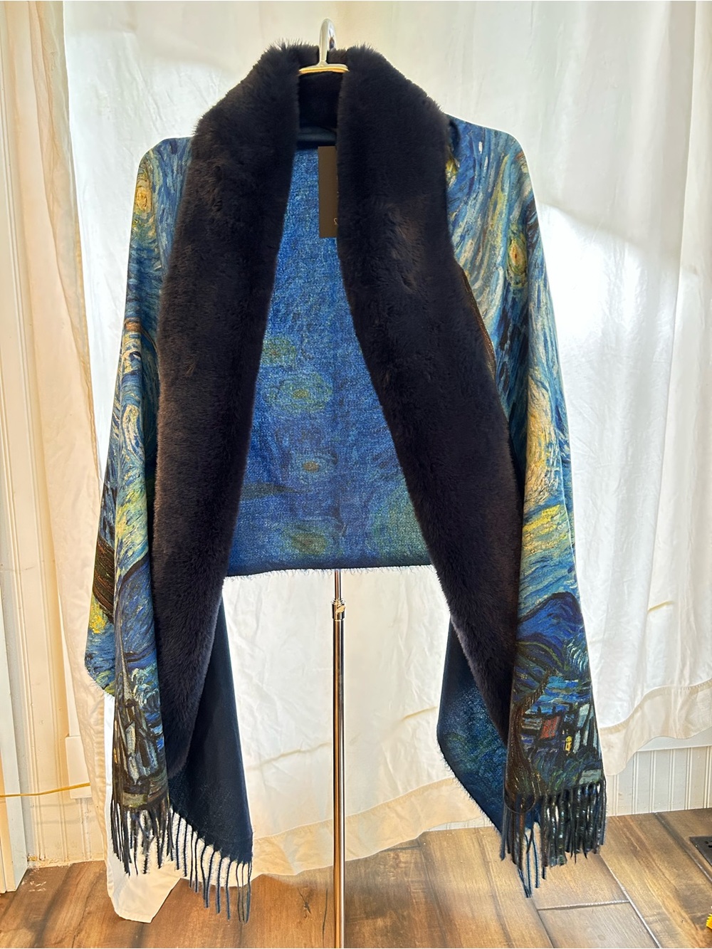 Blue Starry Wrap with Black Faux Fur Trim